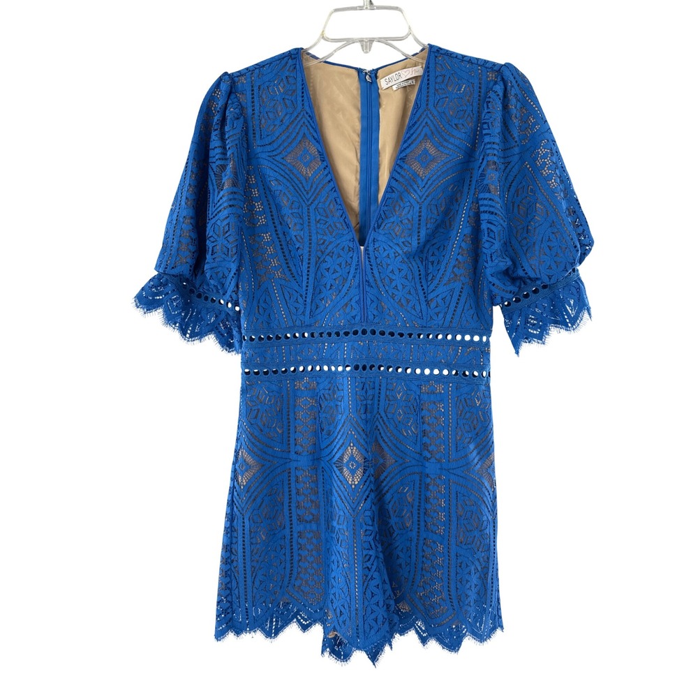 Saylor Romper Womens‎ S Blue Free People Collab Lace Geometric Short Sleeve